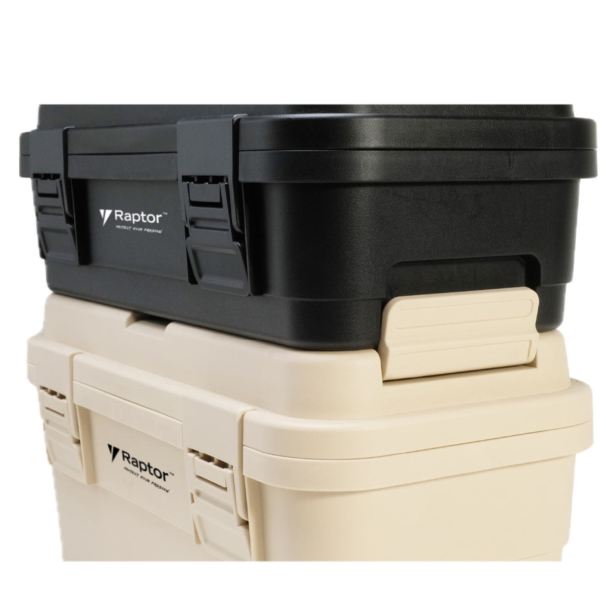 Raptor Storage 4.5L Stackable Tool box Black and Beige stacked on top of each other
